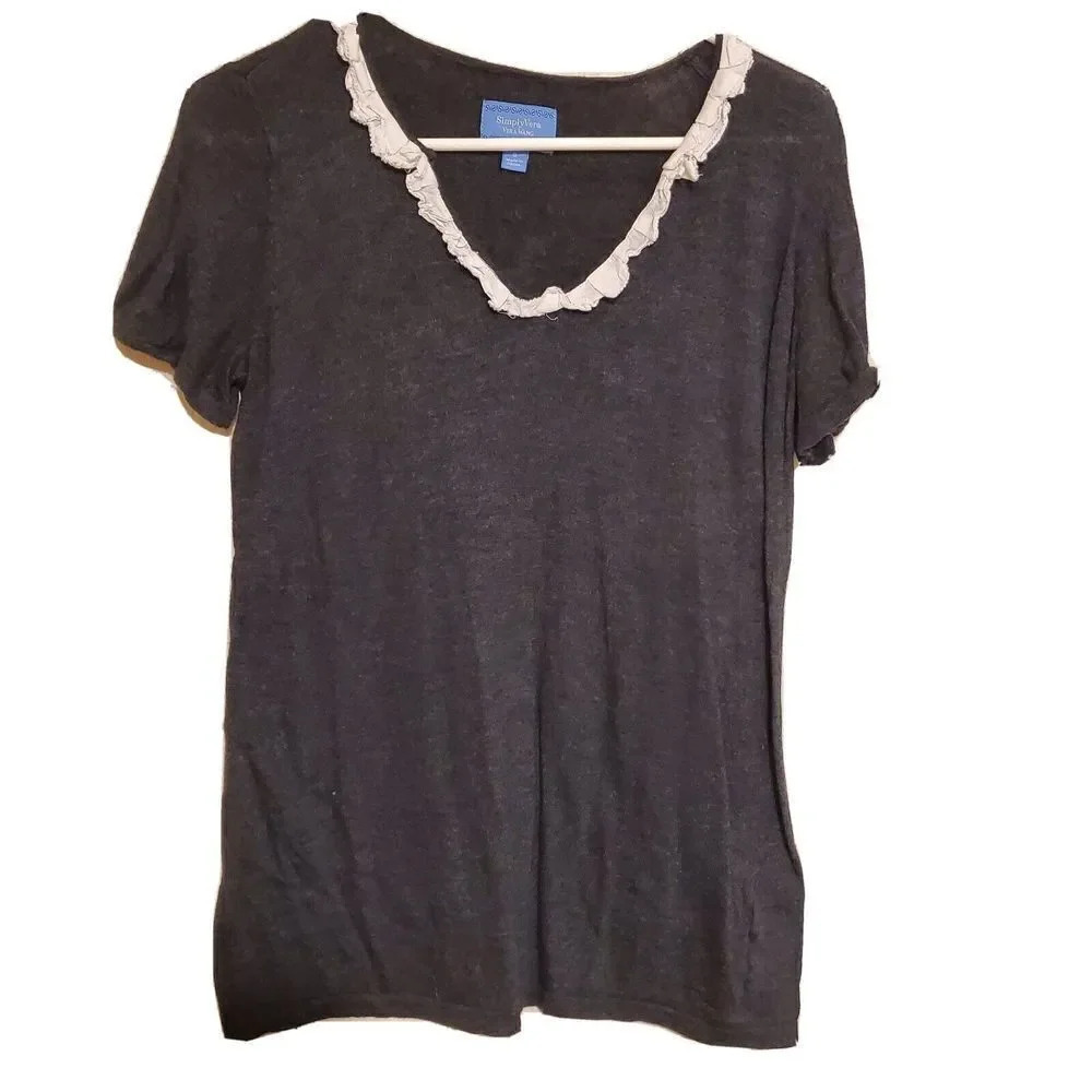 Simply Vera Wang Blouse Charcoal Gray Small Top White Ruffle Vneck Womens